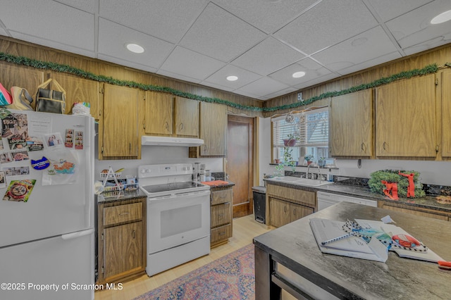 kitchen featuring light hardwood / wood-style floors, a drop ceiling, and white appliances