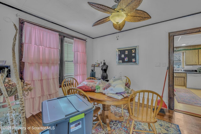 dining room with ceiling fan and wood-type flooring