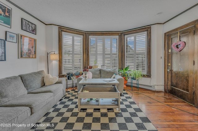 living room featuring a baseboard heating unit, dark hardwood / wood-style flooring, and ornamental molding