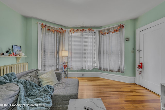 living room with hardwood / wood-style floors and radiator