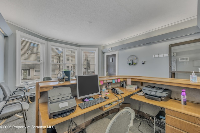 office with a textured ceiling and crown molding