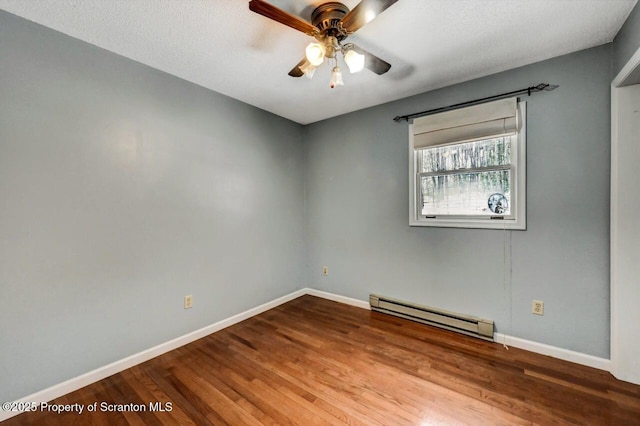 unfurnished room with a baseboard heating unit, a textured ceiling, ceiling fan, and hardwood / wood-style flooring