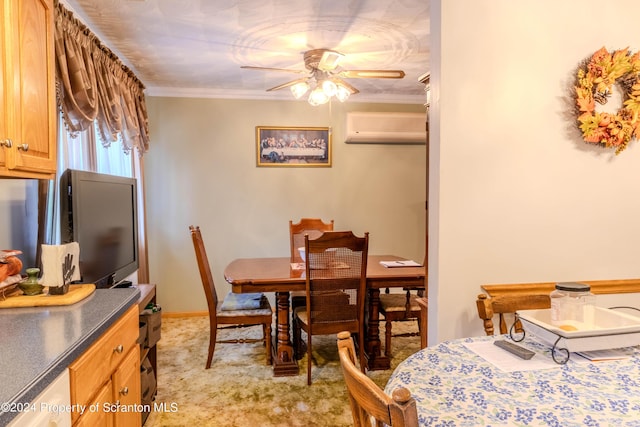 dining space with a wall mounted AC, ceiling fan, light colored carpet, and ornamental molding