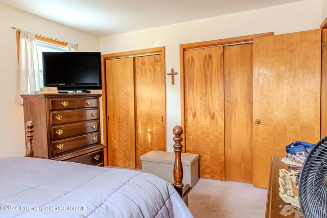 bedroom featuring carpet flooring and multiple closets