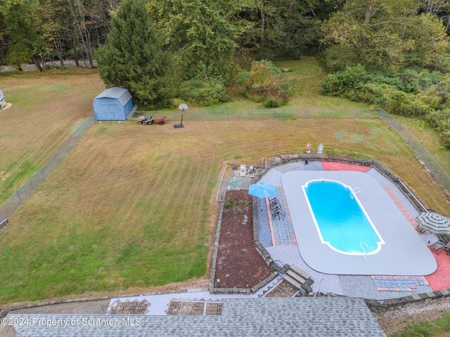 view of swimming pool featuring a patio area and a storage unit