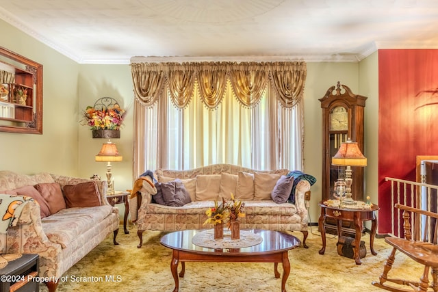 carpeted living room featuring ornamental molding