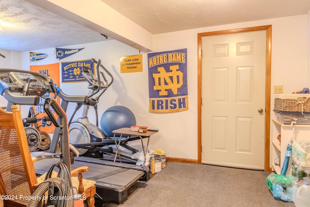 exercise area featuring carpet and a textured ceiling