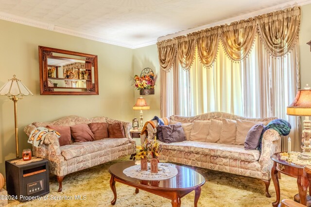 carpeted living room featuring crown molding