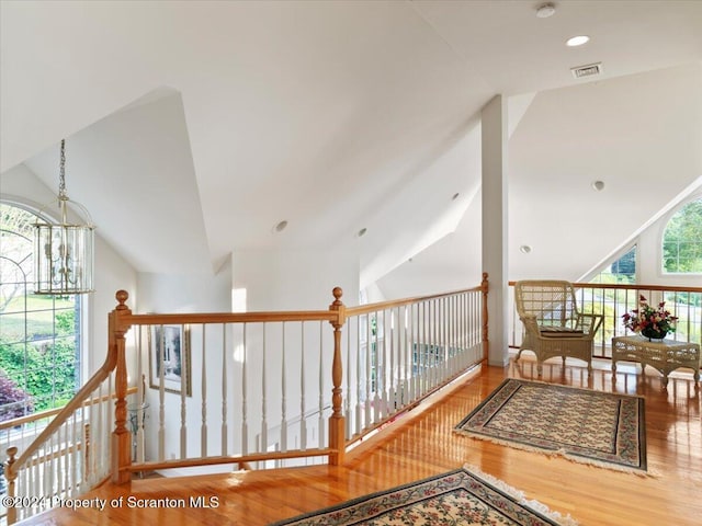 hall with hardwood / wood-style flooring, plenty of natural light, and lofted ceiling