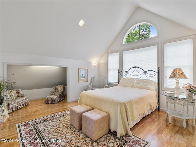 bedroom featuring hardwood / wood-style floors and vaulted ceiling