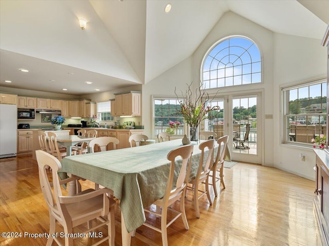 dining space featuring a high ceiling, light wood-type flooring, and sink