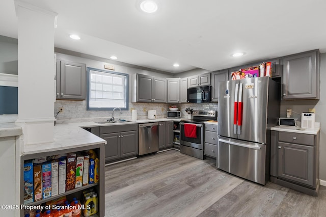 408 Chestnut Ave, Hawley, PA 18428 - kitchen with decorative backsplash, appliances with stainless steel finishes, gray cabinetry, a sink, and recessed lighting