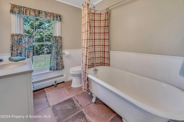 full bathroom featuring shower / tub combo with curtain, vanity, a healthy amount of sunlight, and a baseboard heating unit