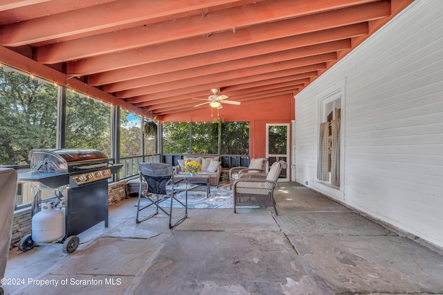 view of patio featuring a grill, an outdoor living space, and ceiling fan