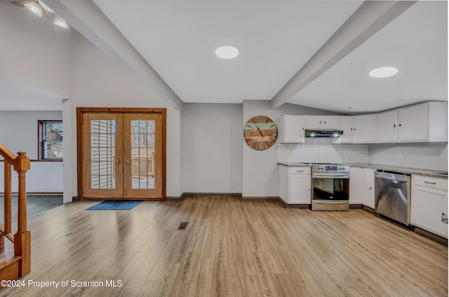 kitchen featuring white cabinetry, french doors, decorative backsplash, appliances with stainless steel finishes, and light wood-type flooring