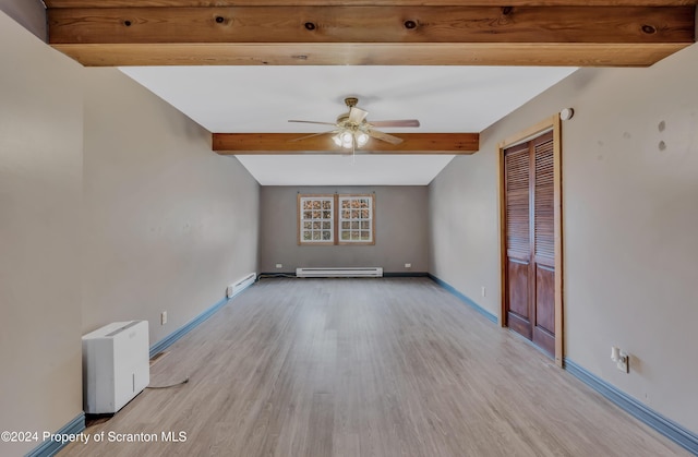 interior space featuring vaulted ceiling with beams, light wood-type flooring, a baseboard radiator, and ceiling fan