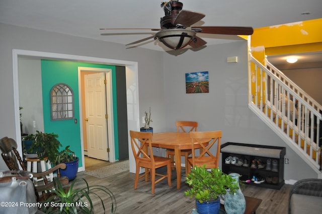 dining space with hardwood / wood-style flooring and ceiling fan