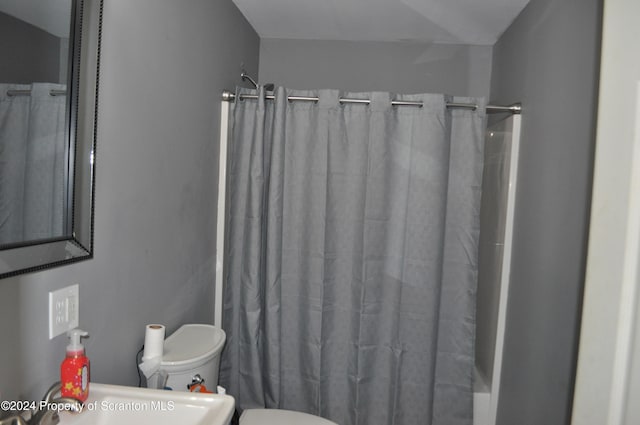 bathroom featuring a shower with curtain, toilet, and sink