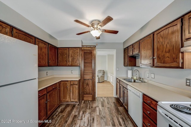 kitchen featuring ceiling fan, a sink, white appliances, light countertops, and dark wood finished floors
