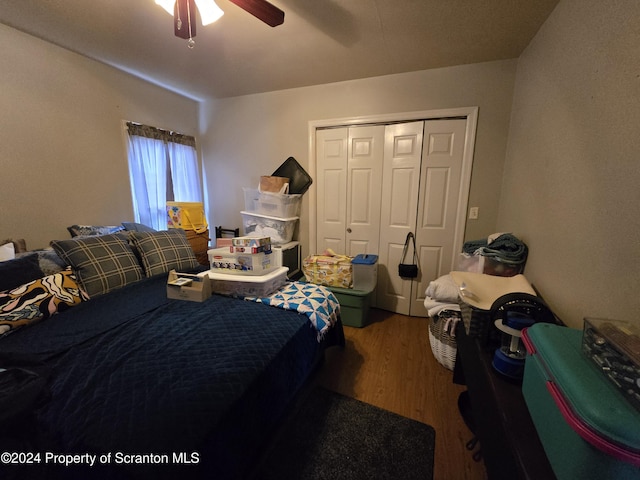 bedroom featuring ceiling fan, a closet, and wood-type flooring