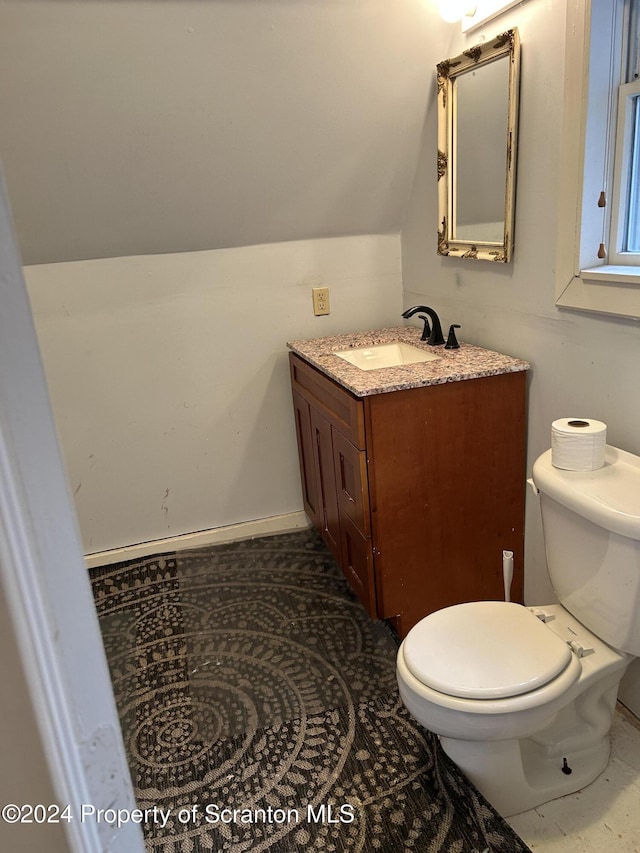 bathroom featuring toilet, vanity, and vaulted ceiling