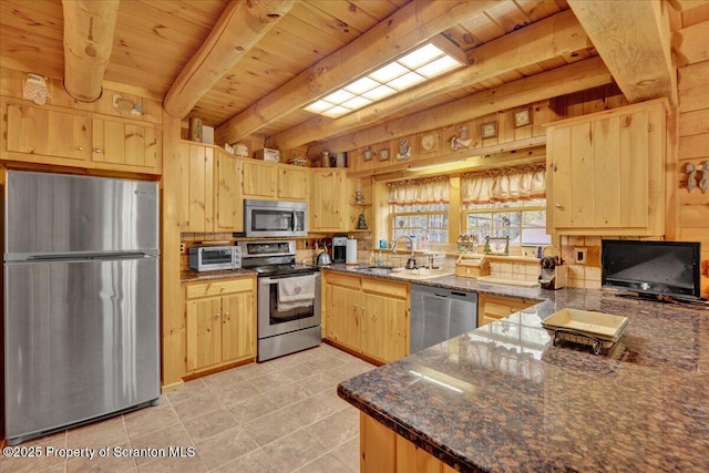 58 Sunset Dr, Clifton Twp, PA 18424 - kitchen featuring stainless steel appliances, light brown cabinetry, a sink, wood ceiling with exposed beams, and light tile patterned floors