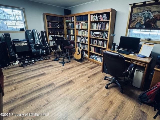 home office with wood finished floors