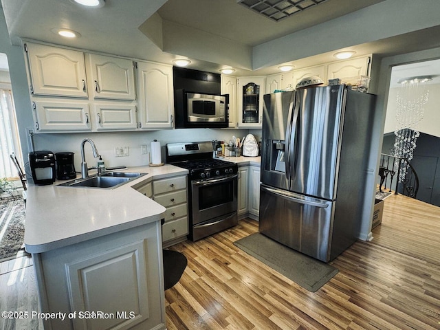 kitchen featuring light wood finished floors, light countertops, appliances with stainless steel finishes, and a sink