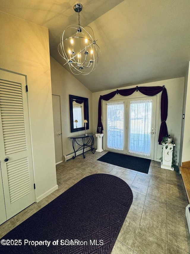 foyer entrance featuring baseboard heating, a baseboard heating unit, vaulted ceiling, a chandelier, and tile patterned floors