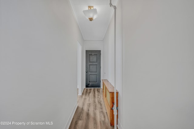 hall with crown molding and light hardwood / wood-style flooring