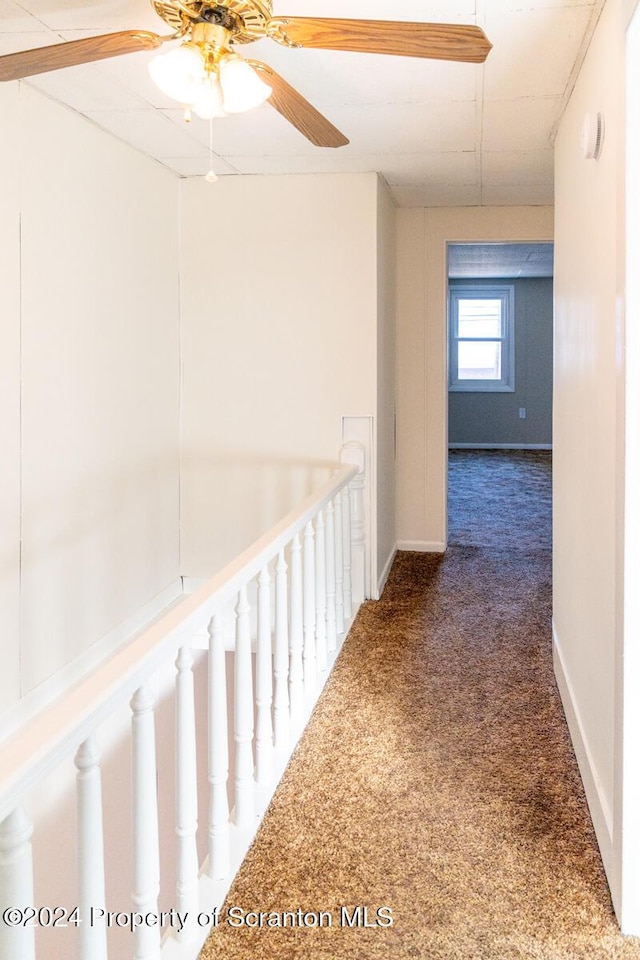 hallway with dark colored carpet