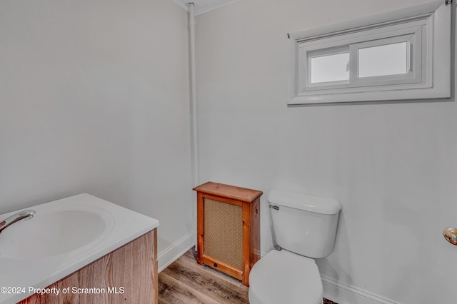 bathroom with hardwood / wood-style floors, vanity, and toilet