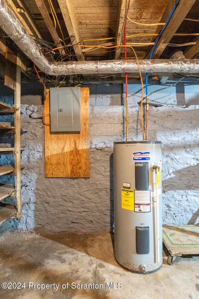 utility room featuring electric panel and water heater