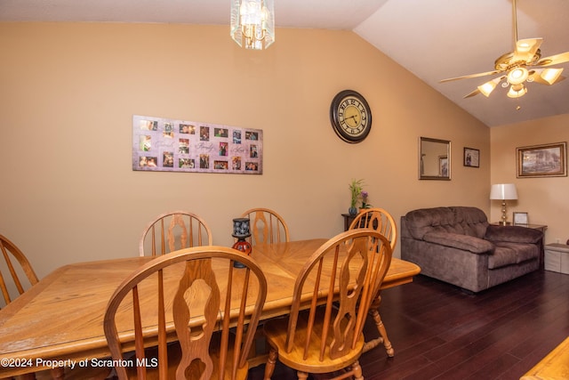 dining space featuring wood-type flooring, vaulted ceiling, and ceiling fan