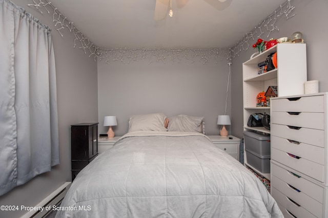 bedroom with ceiling fan and baseboard heating