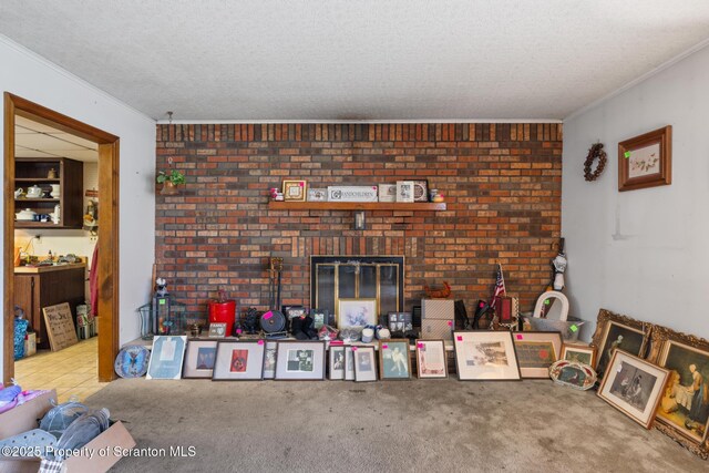 5 Patti Ann Dr, Scott Twp, PA 18433 - living area with crown molding, brick wall, carpet flooring, and a textured ceiling