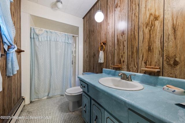 5 Patti Ann Dr, Scott Twp, PA 18433 - bathroom featuring a baseboard heating unit, vanity, wooden walls, a shower with curtain, and tile patterned floors