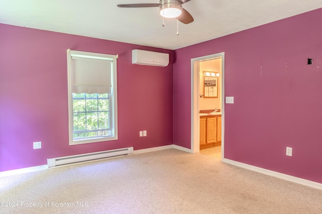 unfurnished room featuring an AC wall unit, ceiling fan, and a baseboard heating unit