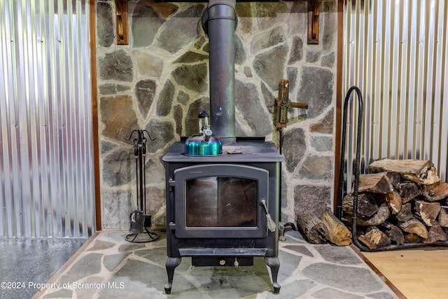 room details featuring a wood stove