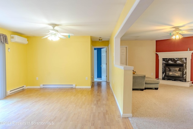 unfurnished living room featuring a wall mounted air conditioner, ceiling fan, a fireplace, and a baseboard heating unit