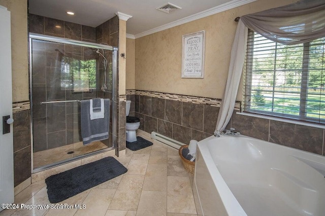 bathroom with plus walk in shower, toilet, ornamental molding, tile walls, and a baseboard radiator