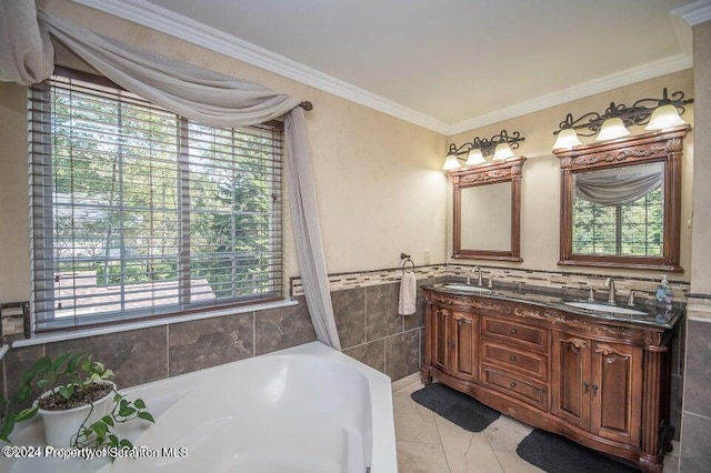 bathroom with plenty of natural light, crown molding, and vanity