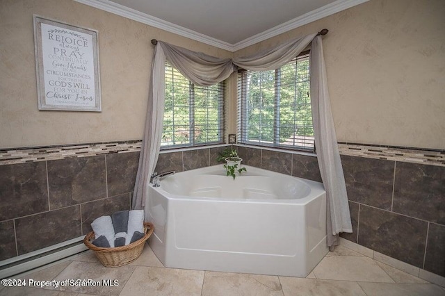 bathroom featuring a tub, ornamental molding, and a baseboard heating unit