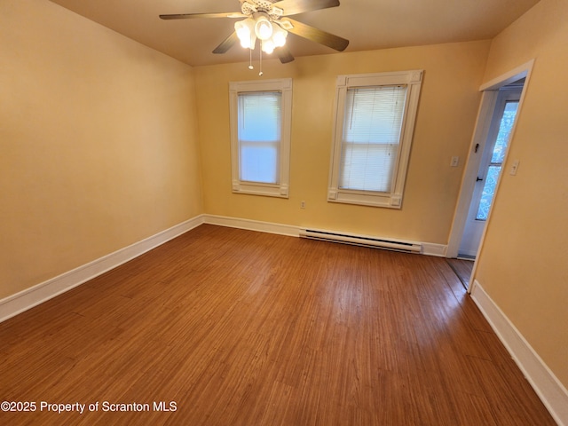 924 Prospect Ave, Scranton, PA 18505 - empty room with baseboard heating, dark wood-type flooring, baseboards, and a ceiling fan