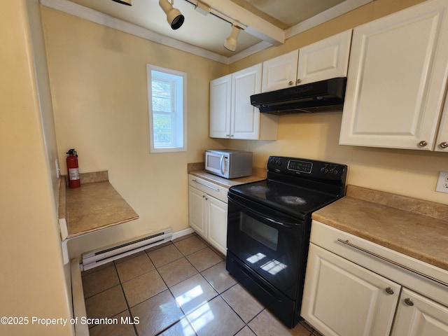 924 Prospect Ave, Scranton, PA 18505 - kitchen with black range with electric stovetop, under cabinet range hood, white microwave, baseboard heating, and white cabinets