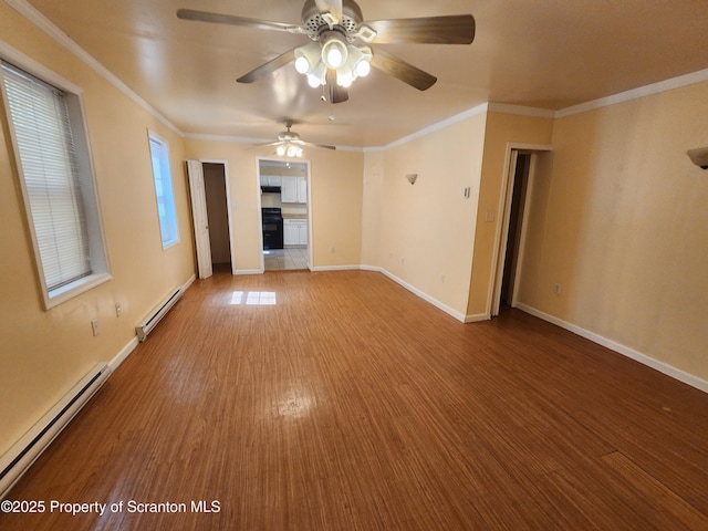 924 Prospect Ave, Scranton, PA 18505 - unfurnished room featuring a baseboard radiator, wood finished floors, ceiling fan, and ornamental molding