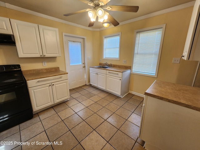 924 Prospect Ave, Scranton, PA 18505 - kitchen featuring black range with electric cooktop, a sink, white cabinetry, light tile patterned floors, and a ceiling fan