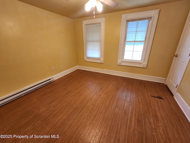924 Prospect Ave, Scranton, PA 18505 - empty room with baseboards, dark wood-type flooring, ceiling fan, and baseboard heating