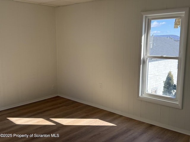 unfurnished room with a mountain view and dark wood-type flooring