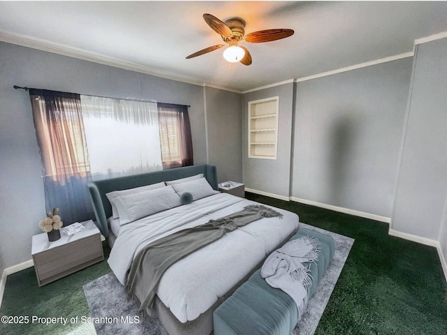 bedroom with dark colored carpet, ornamental molding, and ceiling fan